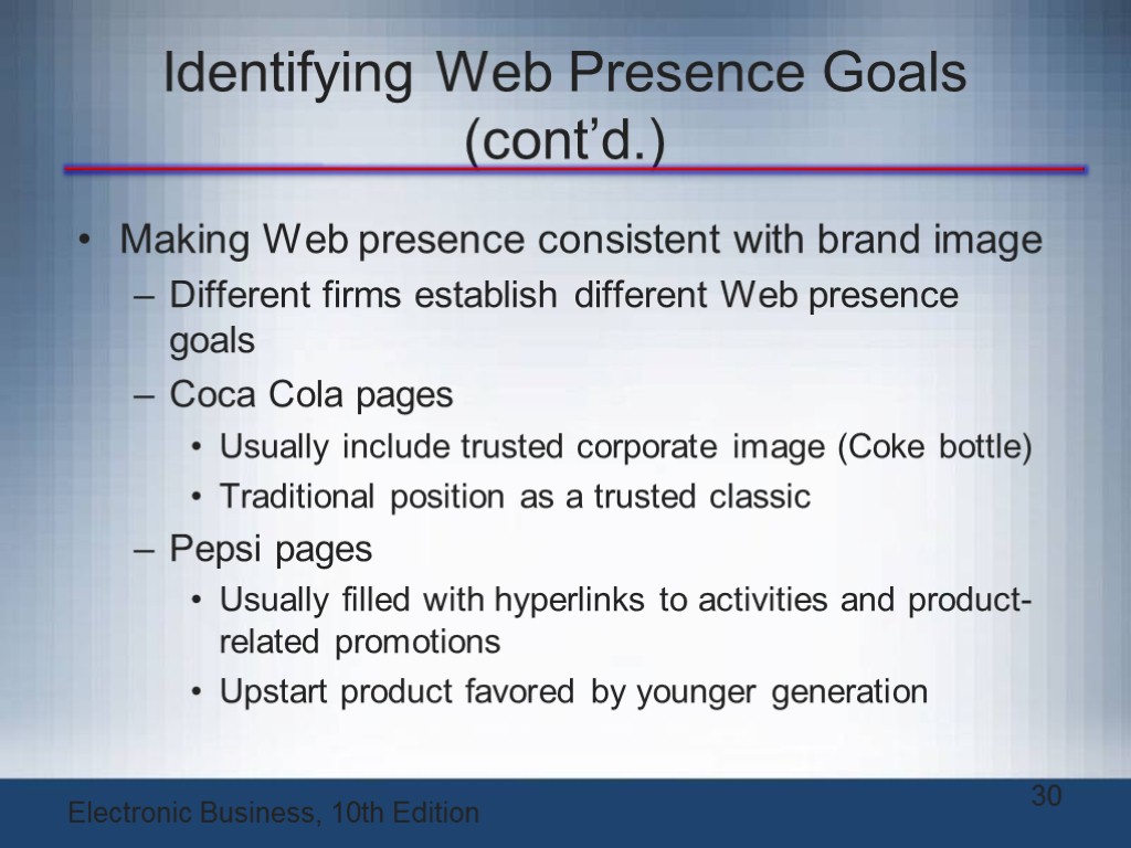 Identifying Web Presence Goals (cont’d.) Making Web presence consistent with brand image Different firms